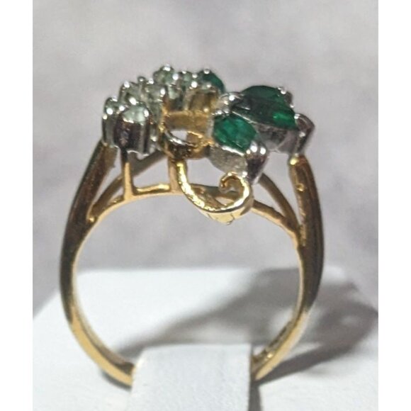 Vintage Faux Emerald And Diamond 14kt Gold Plated Floral Ring Size 5 3/4 - Picture 6 of 14